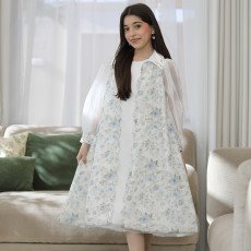 طقم بناتي فستان وجاكيت مشجر سماوي بأكمام شفافة واكسسوار رقبة - M3825