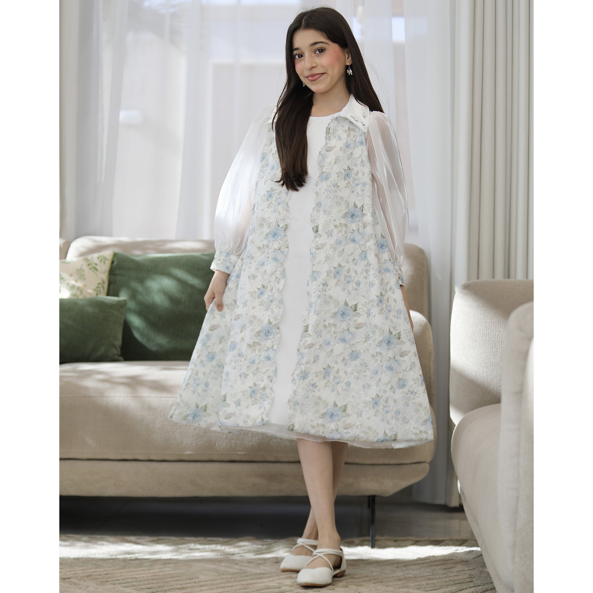 طقم بناتي فستان وجاكيت مشجر سماوي بأكمام شفافة واكسسوار رقبة - M3825