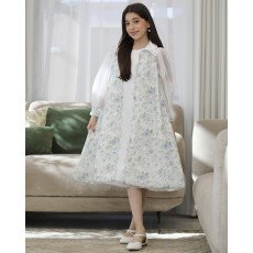 طقم بناتي فستان وجاكيت مشجر سماوي بأكمام شفافة واكسسوار رقبة - M3825