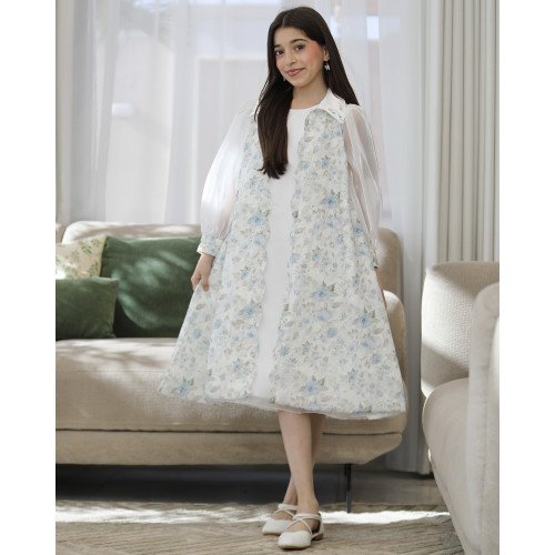 طقم بناتي فستان وجاكيت مشجر سماوي بأكمام شفافة واكسسوار رقبة - M3825