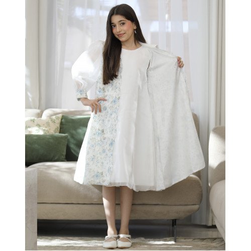 طقم بناتي فستان وجاكيت مشجر سماوي بأكمام شفافة واكسسوار رقبة - M3825