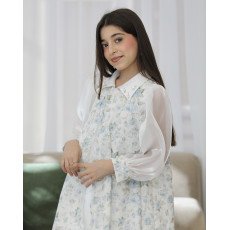 طقم بناتي فستان وجاكيت مشجر سماوي بأكمام شفافة واكسسوار رقبة - M3825