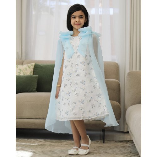 فستان بناتي سماوي مشجر بفيونكات فراشة وذيل طويل | تصميم ملكي - 1198 فستان بناتي سماوي مشجر بفيونكات فراشة وذيل طويل | تصميم ملكي - 1198