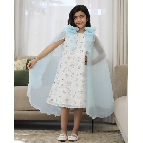 فستان بناتي سماوي مشجر بفيونكات فراشة وذيل طويل | تصميم ملكي - 1198 فستان بناتي سماوي مشجر بفيونكات فراشة وذيل طويل | تصميم ملكي - 1198