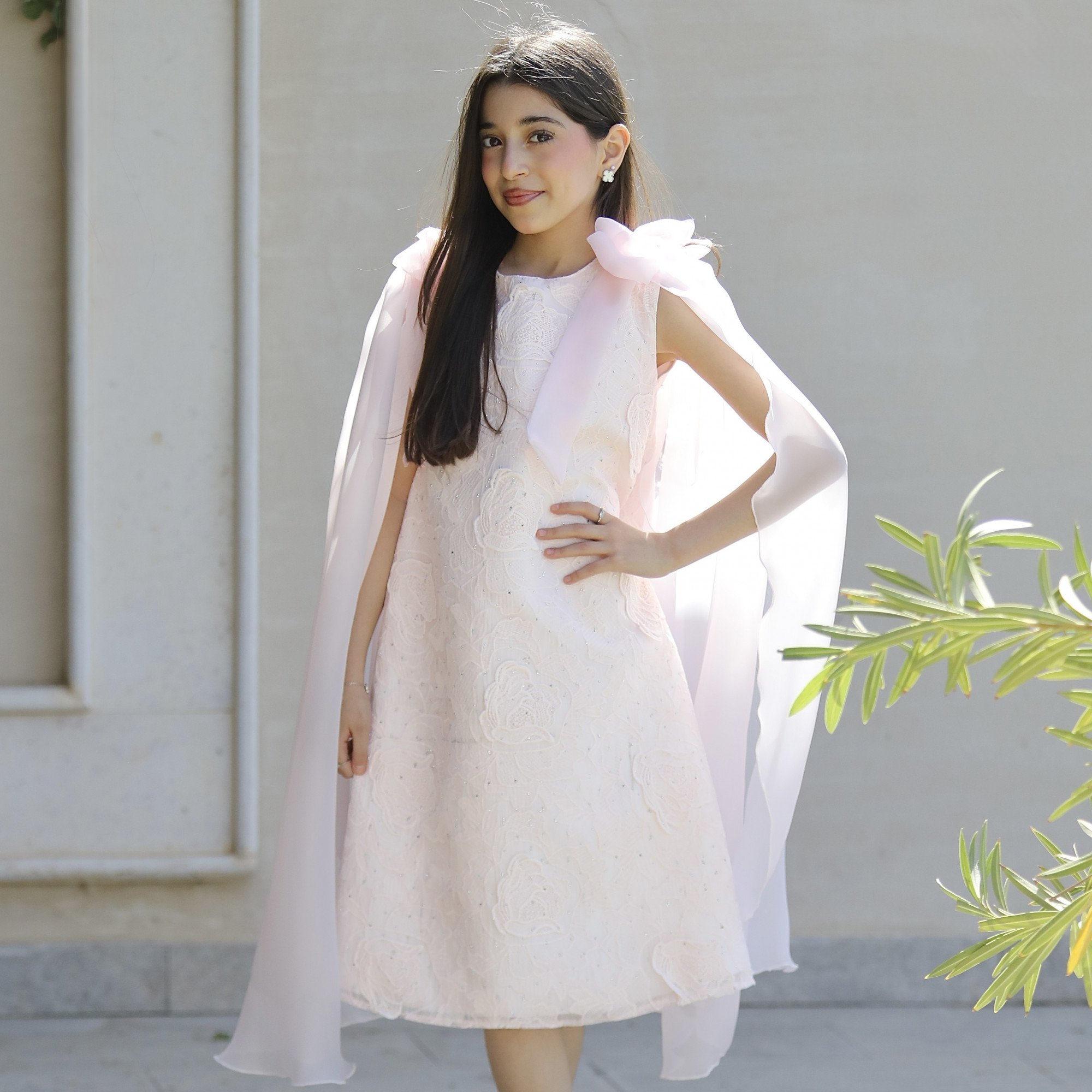 فستان بناتي مطرز ورود كبيرة وفيونكات فراشة وردية | تصميم ملكي - 1201