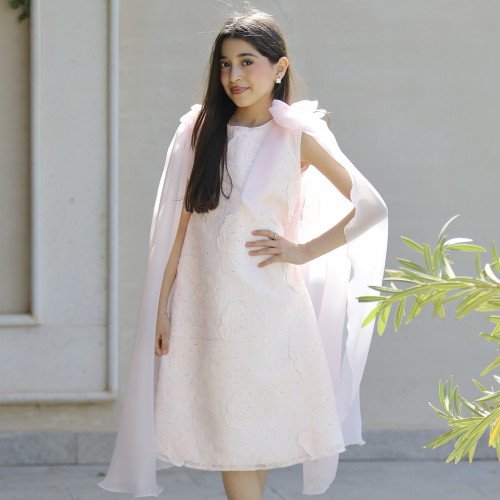 فستان بناتي مطرز ورود كبيرة وفيونكات فراشة وردية | تصميم ملكي - 1201 فستان بناتي مطرز ورود كبيرة وفيونكات فراشة وردية | تصميم ملكي - 1201