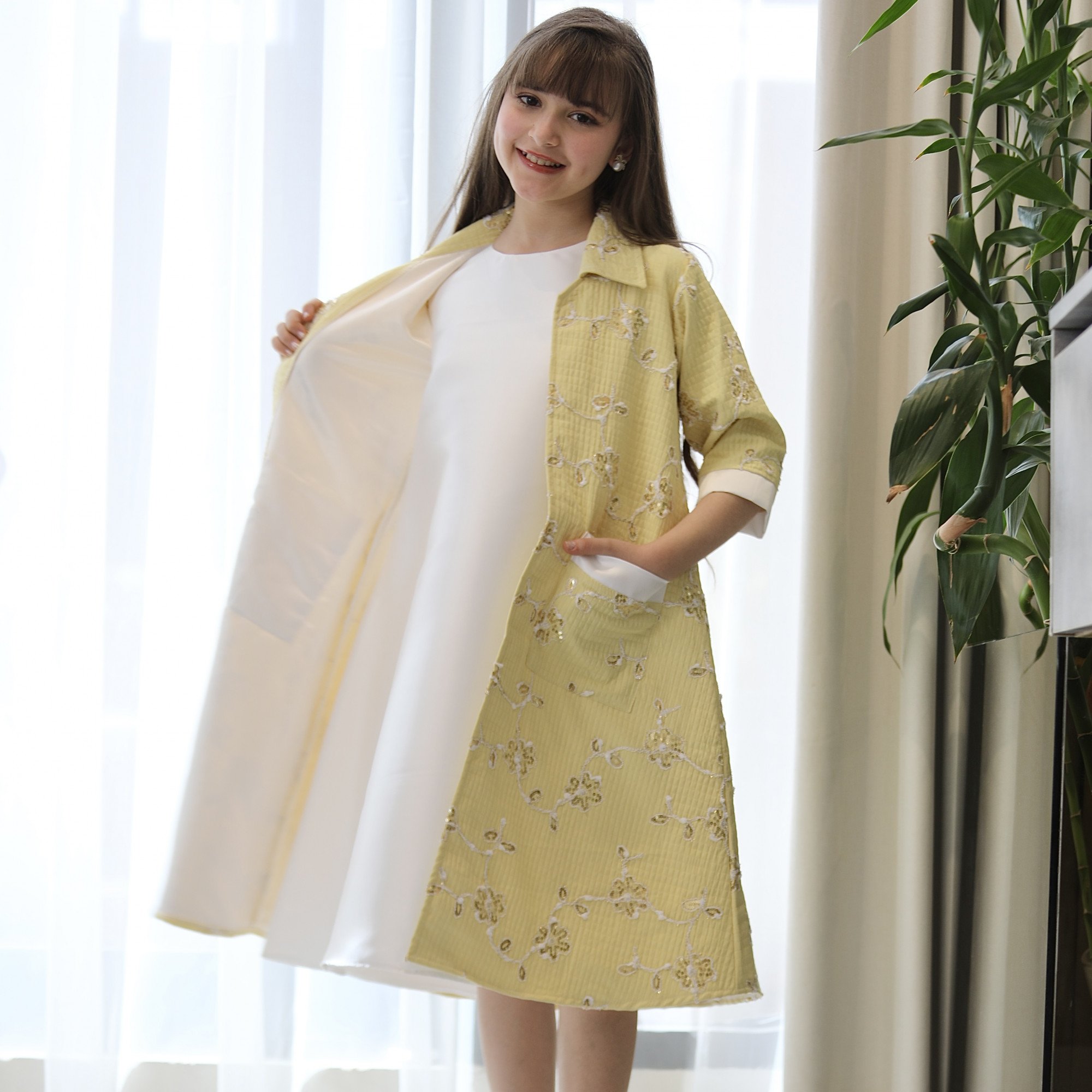 طقم بناتي فستان وجاكيت مشجر أصفر بجيبين خارجية | تصميم رسمي - 1193