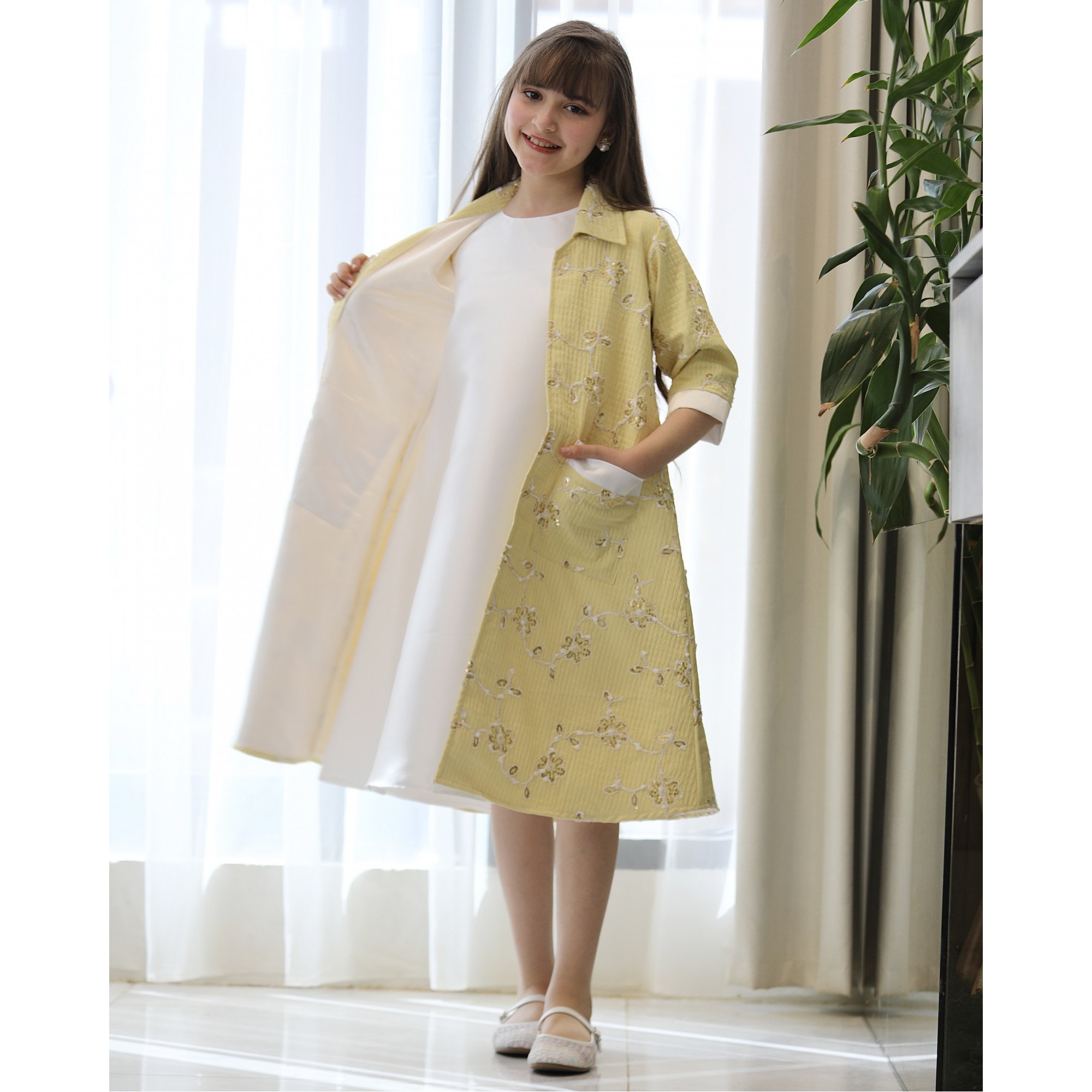 طقم بناتي فستان وجاكيت مشجر أصفر بجيبين خارجية | تصميم رسمي - 1193