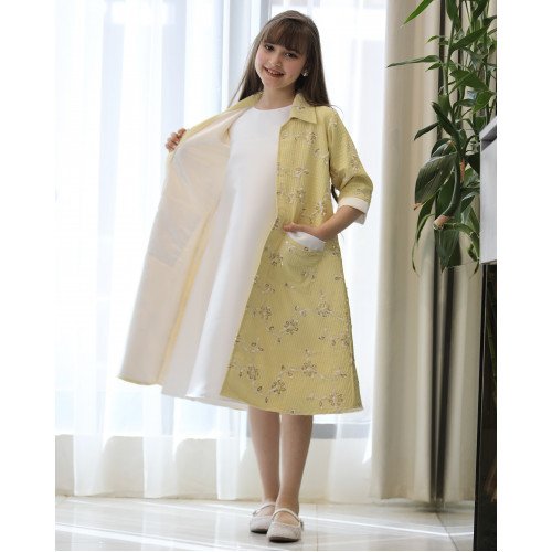 طقم بناتي فستان وجاكيت مشجر أصفر بجيبين خارجية | تصميم رسمي - 1193 طقم بناتي فستان وجاكيت مشجر أصفر بجيبين خارجية | تصميم رسمي - 1193