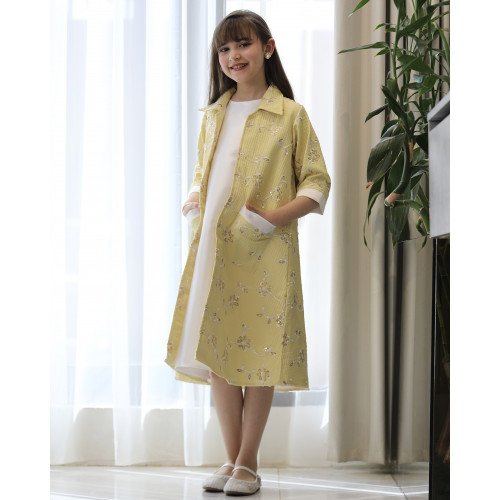 طقم بناتي فستان وجاكيت مشجر أصفر بجيبين خارجية | تصميم رسمي - 1193 طقم بناتي فستان وجاكيت مشجر أصفر بجيبين خارجية | تصميم رسمي - 1193