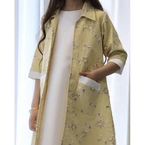 طقم بناتي فستان وجاكيت مشجر أصفر بجيبين خارجية | تصميم رسمي - 1193 طقم بناتي فستان وجاكيت مشجر أصفر بجيبين خارجية | تصميم رسمي - 1193