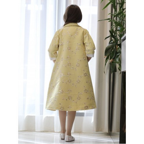 طقم بناتي فستان وجاكيت مشجر أصفر بجيبين خارجية | تصميم رسمي - 1193 طقم بناتي فستان وجاكيت مشجر أصفر بجيبين خارجية | تصميم رسمي - 1193