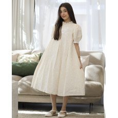 فستان بناتي سكري مطرز بالورود وياقة كشكشة | تصميم كلوش كسرات - kj2105 فستان بناتي سكري مطرز بالورود وياقة كشكشة | تصميم كلوش كسرات - kj2105