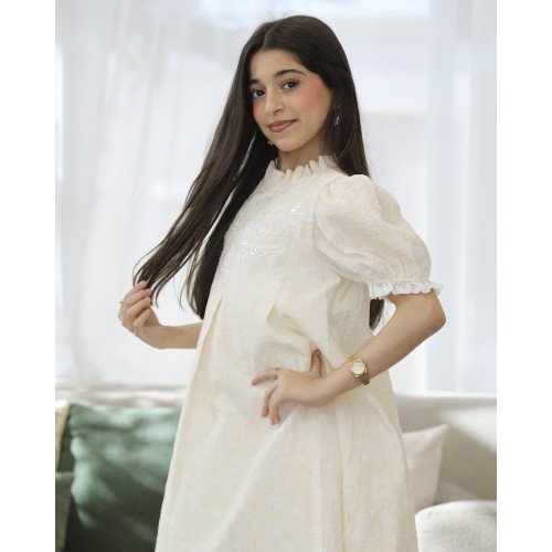 فستان بناتي سكري مطرز بالورود وياقة كشكشة | تصميم كلوش كسرات - kj2105 فستان بناتي سكري مطرز بالورود وياقة كشكشة | تصميم كلوش كسرات - kj2105