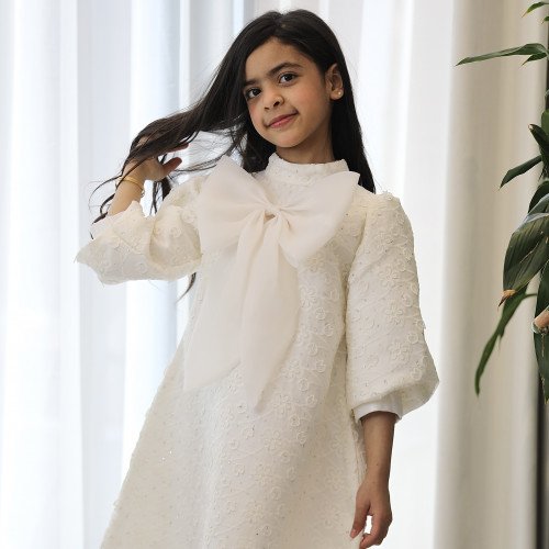 فستان بناتي سكري مطرز بنقشات مشجرة وفيونكة صدر ضخمة - 1131 فستان بناتي سكري مطرز بنقشات مشجرة وفيونكة صدر ضخمة - 1131