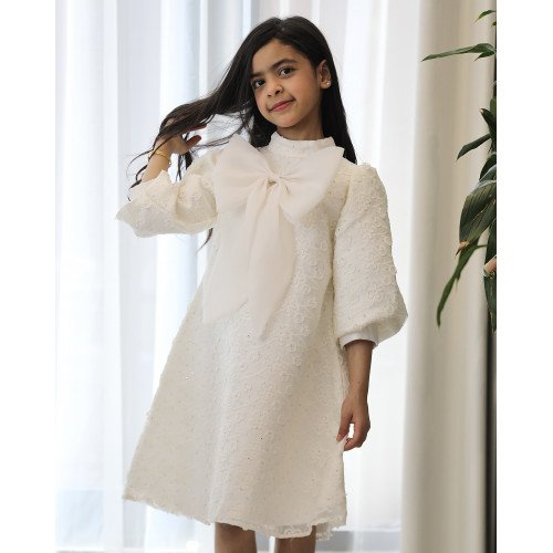 فستان بناتي سكري مطرز بنقشات مشجرة وفيونكة صدر ضخمة - 1131 فستان بناتي سكري مطرز بنقشات مشجرة وفيونكة صدر ضخمة - 1131