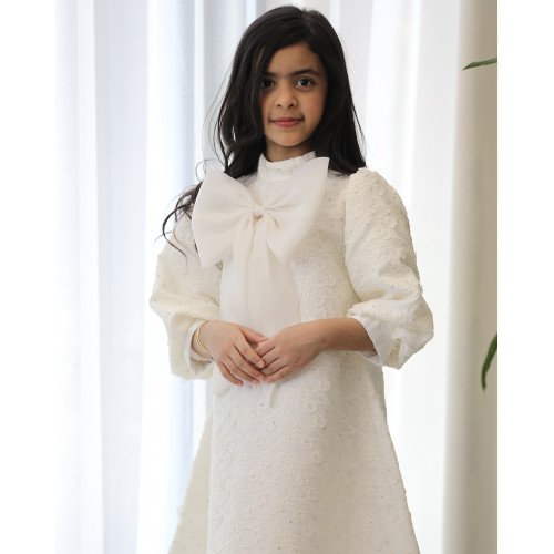 فستان بناتي سكري مطرز بنقشات مشجرة وفيونكة صدر ضخمة - 1131 فستان بناتي سكري مطرز بنقشات مشجرة وفيونكة صدر ضخمة - 1131