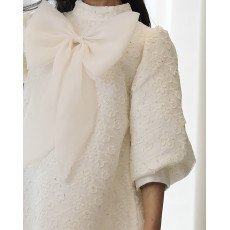 فستان بناتي سكري مطرز بنقشات مشجرة وفيونكة صدر ضخمة - 1131 فستان بناتي سكري مطرز بنقشات مشجرة وفيونكة صدر ضخمة - 1131