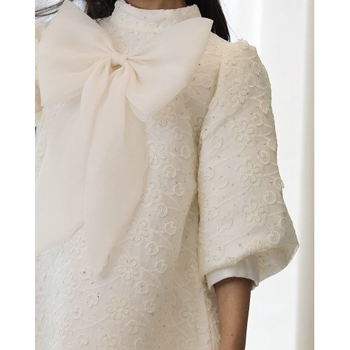 فستان بناتي سكري مطرز بنقشات مشجرة وفيونكة صدر ضخمة - 1131 فستان بناتي سكري مطرز بنقشات مشجرة وفيونكة صدر ضخمة - 1131