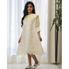 فستان بناتي أصفر مشجر بدلعة وأكمام شفافة - 1134 فستان بناتي أصفر مشجر بدلعة وأكمام شفافة - 1134