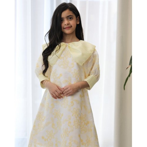 فستان بناتي أصفر مشجر بدلعة وأكمام شفافة - 1134 فستان بناتي أصفر مشجر بدلعة وأكمام شفافة - 1134