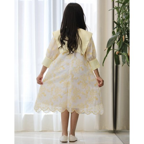 فستان بناتي أصفر مشجر بدلعة وأكمام شفافة - 1134 فستان بناتي أصفر مشجر بدلعة وأكمام شفافة - 1134