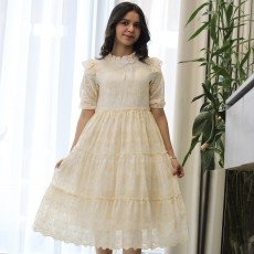 فستان بناتي أصفر للعيد بتطريز فاخر وياقة لؤلؤ وكسرات طبقات - kj2104 فستان بناتي أصفر للعيد بتطريز فاخر وياقة لؤلؤ وكسرات طبقات - kj2104