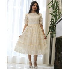 فستان بناتي أصفر للعيد بتطريز فاخر وياقة لؤلؤ وكسرات طبقات - kj2104 فستان بناتي أصفر للعيد بتطريز فاخر وياقة لؤلؤ وكسرات طبقات - kj2104