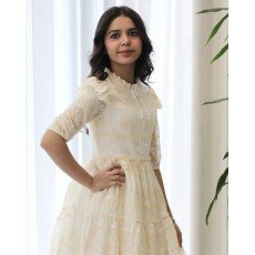 فستان بناتي أصفر للعيد بتطريز فاخر وياقة لؤلؤ وكسرات طبقات - kj2104 فستان بناتي أصفر للعيد بتطريز فاخر وياقة لؤلؤ وكسرات طبقات - kj2104