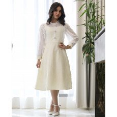 فستان بناتي سماوي بنقوش وكلفة بيضاء وأكمام شفافة | ألوان (سماوي، كريمي) - kj2101