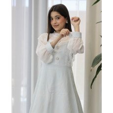 فستان بناتي كريمي بنقوش وكلفة بيضاء وأكمام شفافة | ألوان (سماوي، كريمي) - kj2101