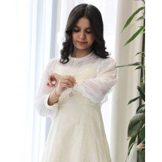 فستان بناتي كريمي بنقوش وكلفة بيضاء وأكمام شفافة | ألوان (سماوي، كريمي) - kj2101