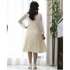 فستان بناتي كريمي بنقوش وكلفة بيضاء وأكمام شفافة | ألوان (سماوي، كريمي) - kj2101