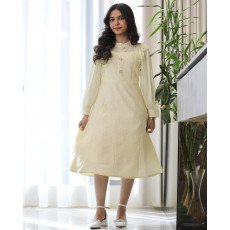 فستان بناتي ليموني بنقوش وكلفة بيضاء وأكمام شفافة - kj2100