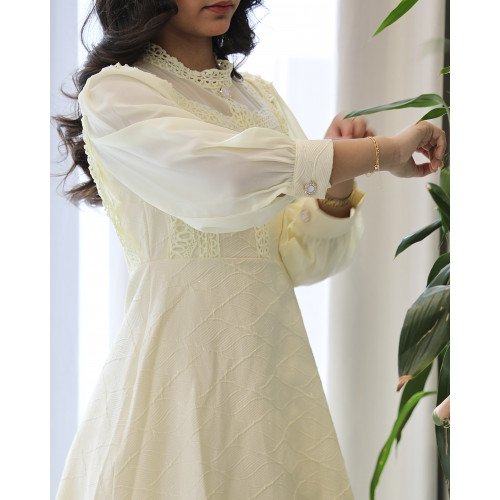 فستان بناتي ليموني بنقوش وكلفة بيضاء وأكمام شفافة - kj2100