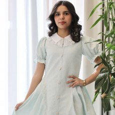 فستان بناتي سماوي مرصع باللؤلؤ بياقة دلعة وكلفة راقية - 1223