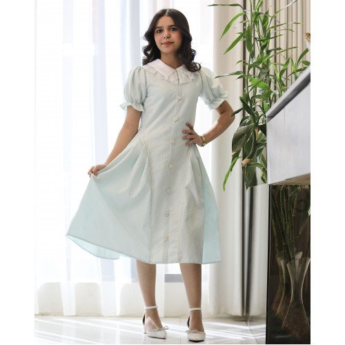 فستان بناتي سماوي مرصع باللؤلؤ بياقة دلعة وكلفة راقية - 1223