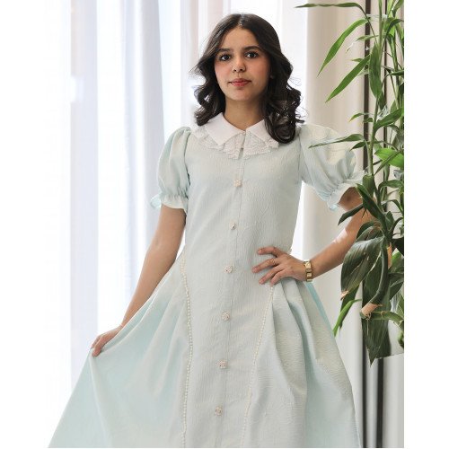 فستان بناتي سماوي مرصع باللؤلؤ بياقة دلعة وكلفة راقية - 1223