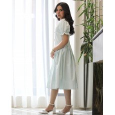 فستان بناتي سماوي مرصع باللؤلؤ بياقة دلعة وكلفة راقية - 1223