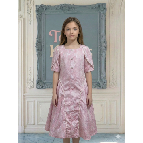 فستان بناتي بنقوش وأكمام فراشة مرصعة باللؤلؤ | لون اصفر ولحمي - kj2103 فستان بناتي بنقوش وأكمام فراشة مرصعة باللؤلؤ | لون اصفر ولحمي - kj2103