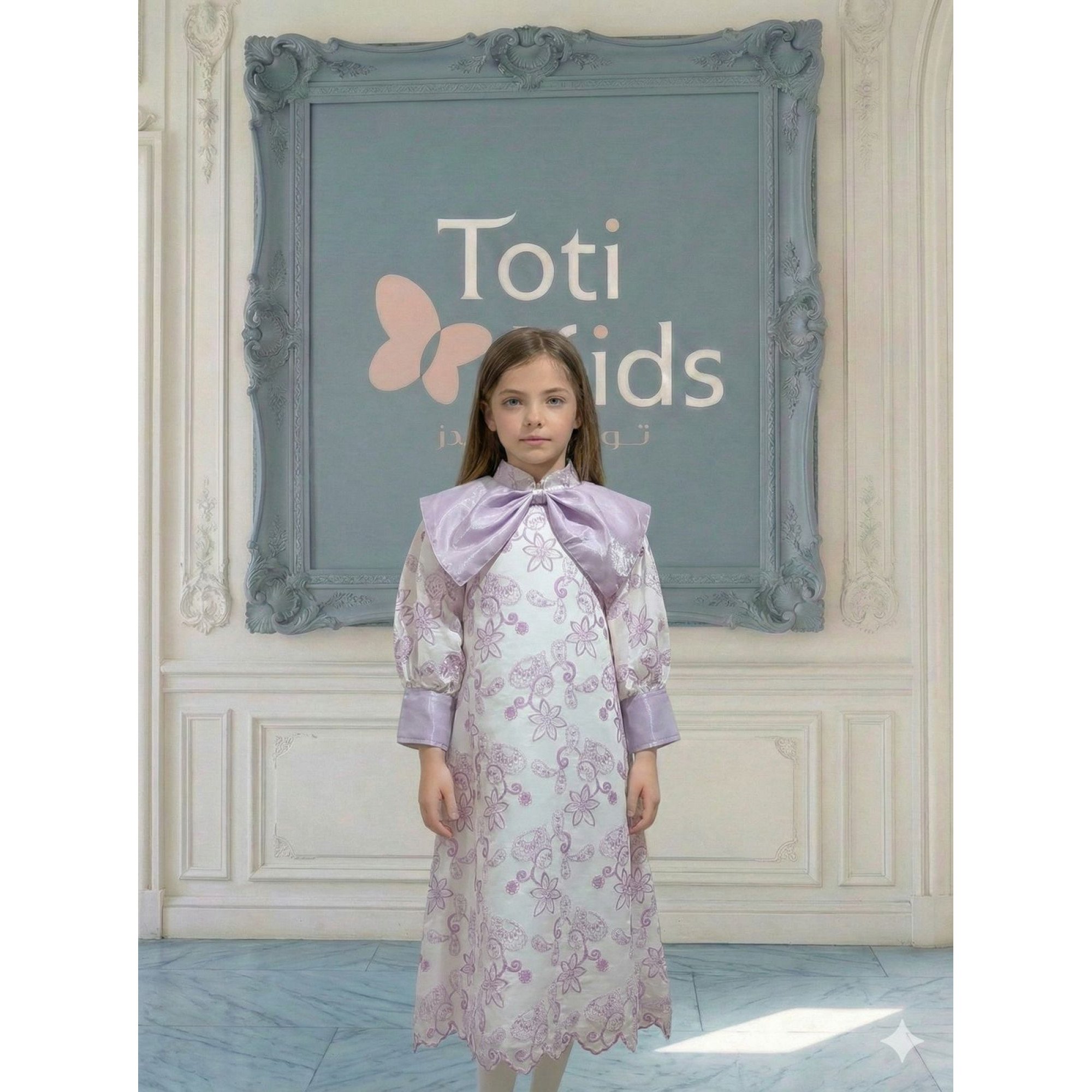 فستان بناتي بنفسجي مشجر بدلعة وأكمام شفافة - 1134