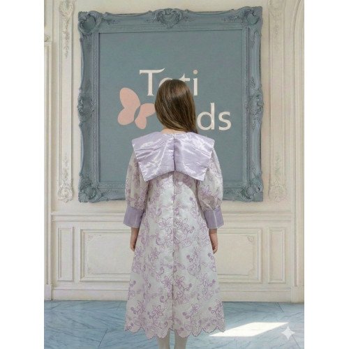 فستان بناتي أصفر مشجر بدلعة وأكمام شفافة - 1134 فستان بناتي أصفر مشجر بدلعة وأكمام شفافة - 1134