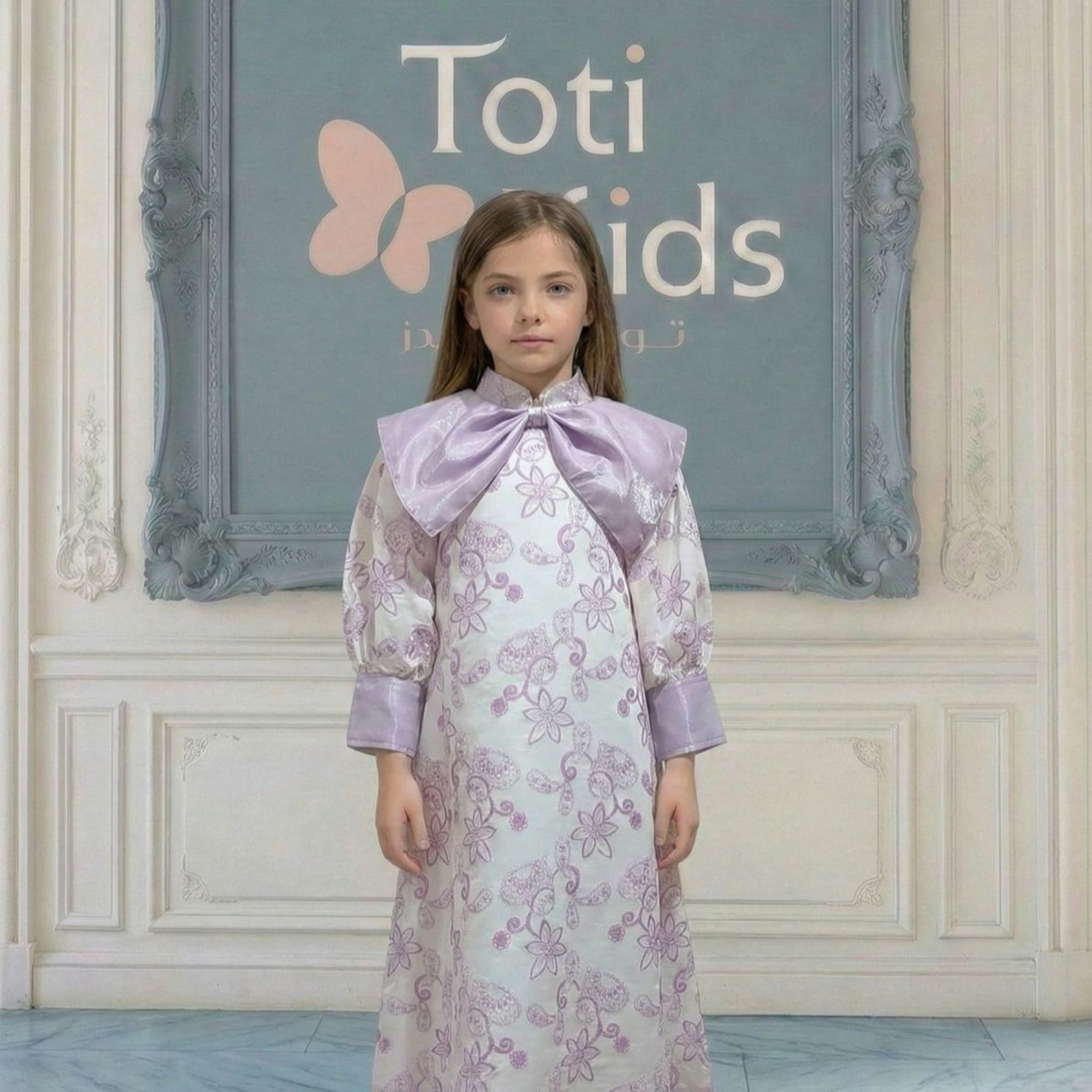 فستان بناتي بنفسجي مشجر بدلعة وأكمام شفافة - 1134