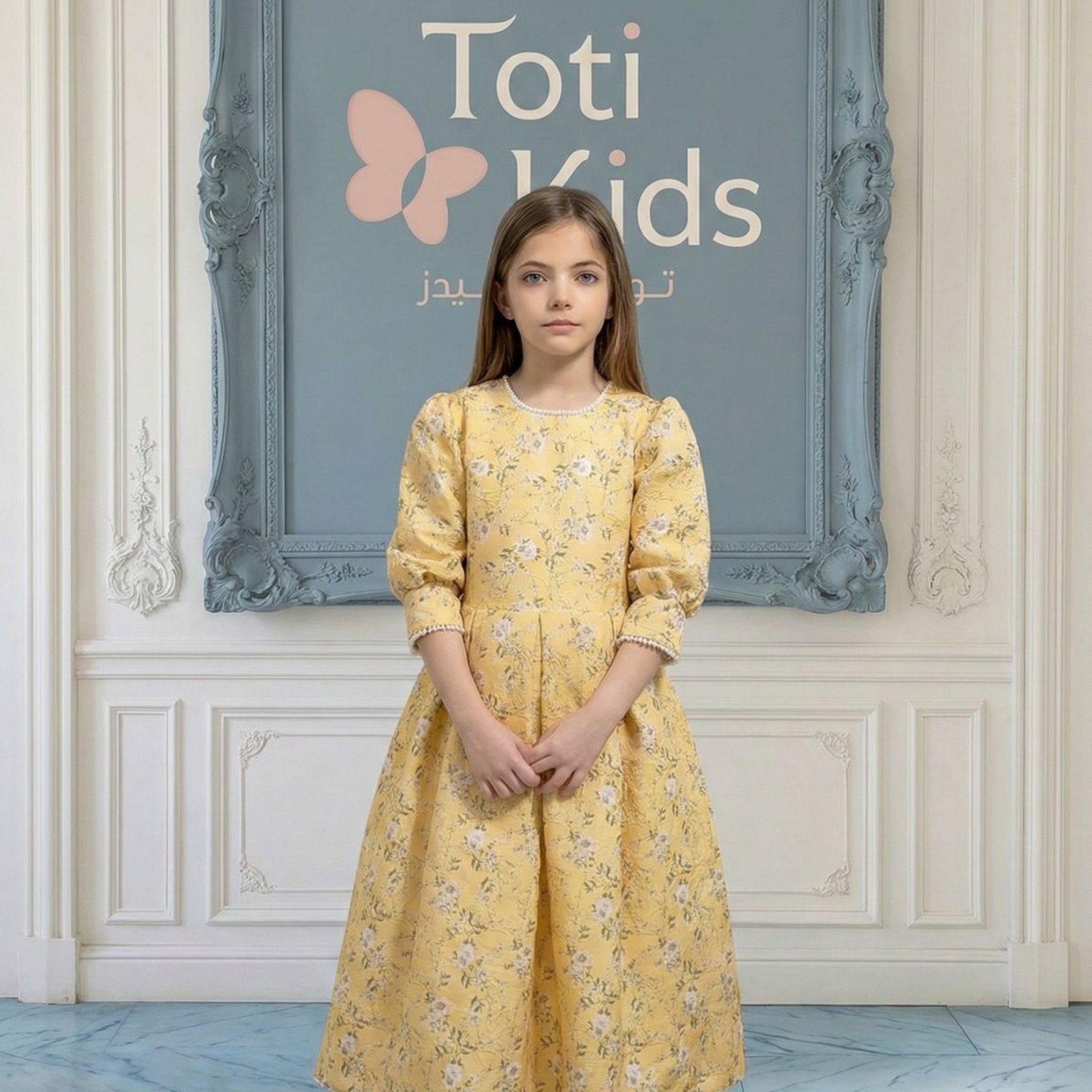 فستان بناتي أصفر مشجر بياقة لؤلؤ وكسرات راقية - 1130