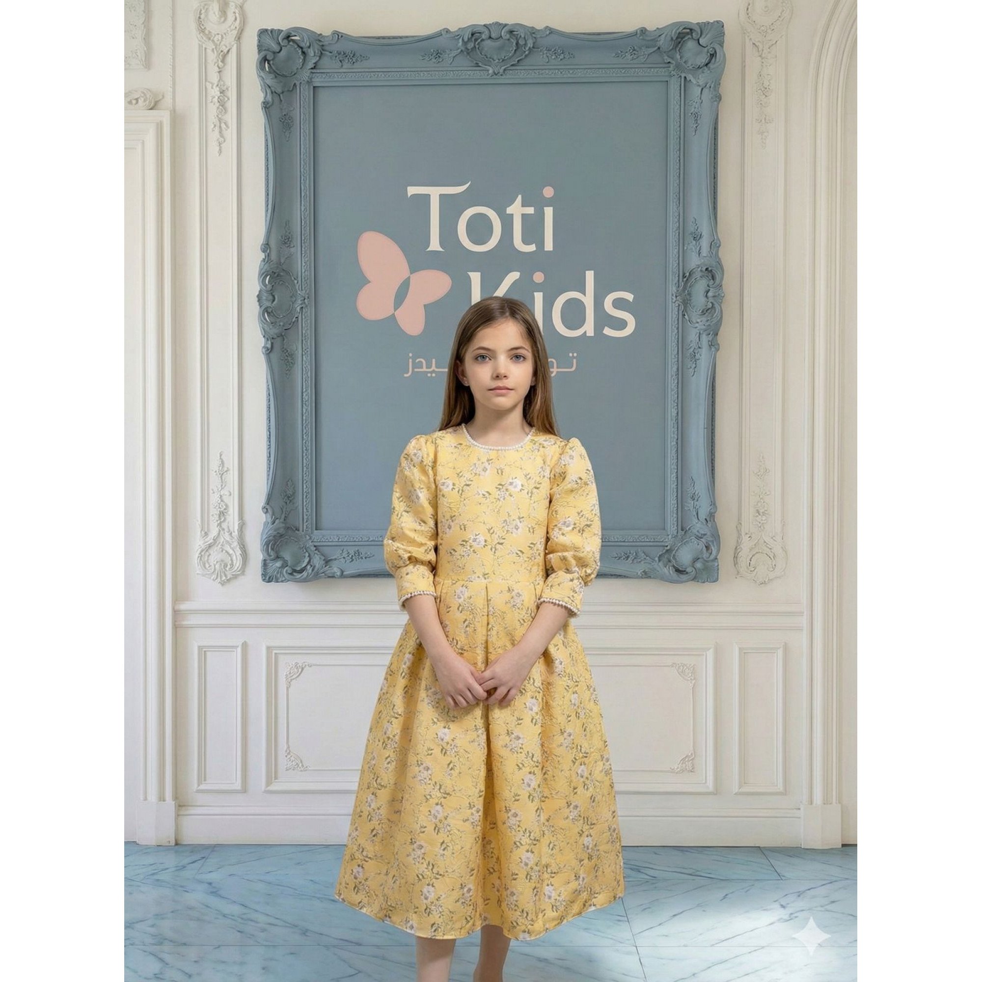 فستان بناتي أصفر مشجر بياقة لؤلؤ وكسرات راقية - 1130