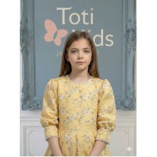 فستان بناتي أصفر مشجر بياقة لؤلؤ وكسرات راقية - 1130 فستان بناتي أصفر مشجر بياقة لؤلؤ وكسرات راقية - 1130