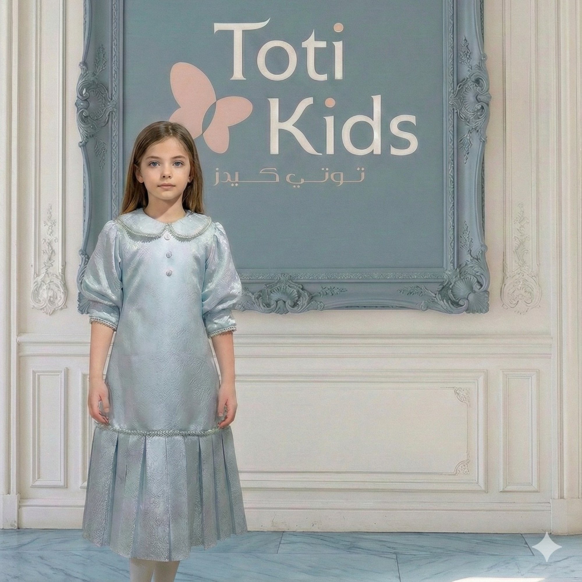 فستان بناتي سماوي مشجر بياقة منسدلة لؤلؤ وكسرات فاخرة - 1145