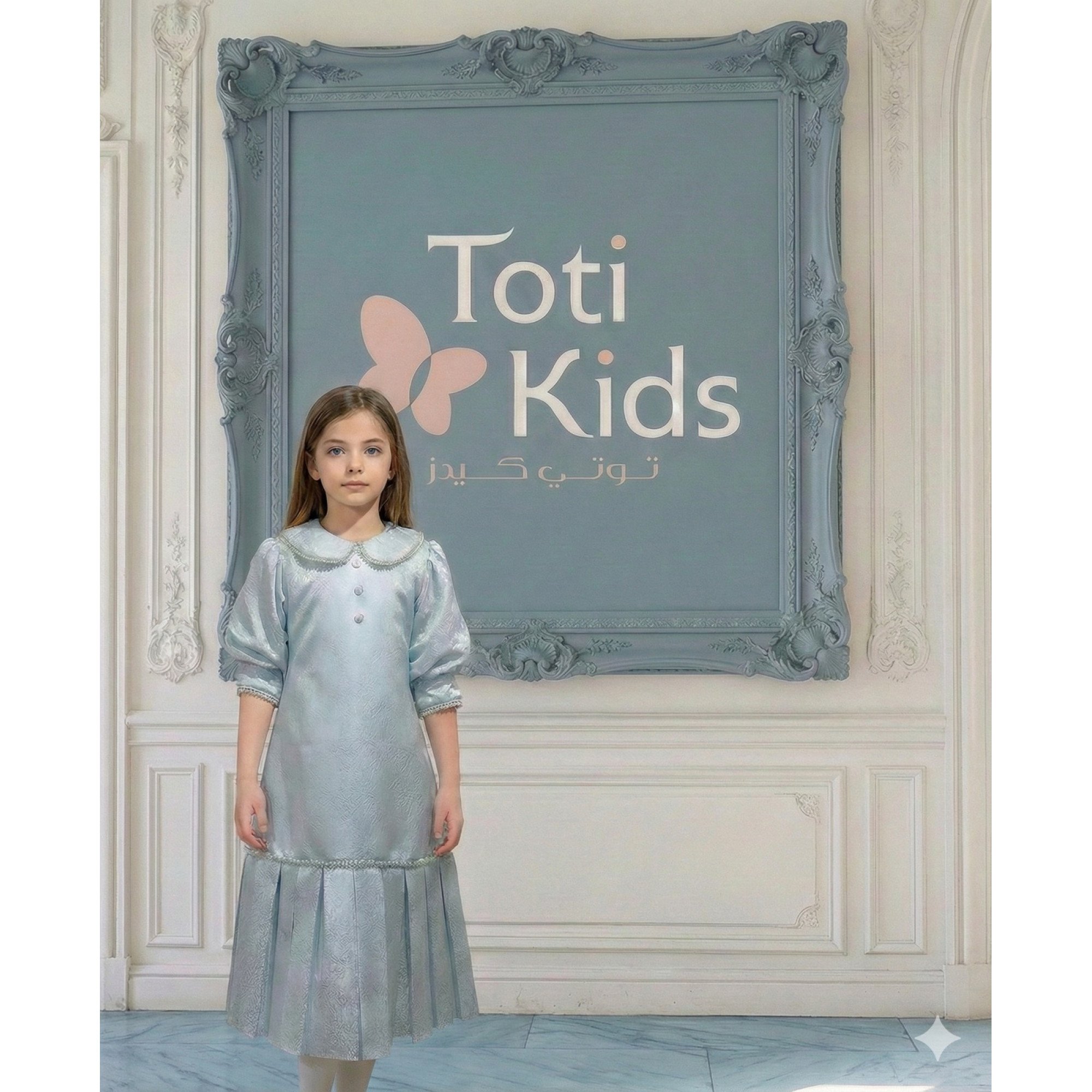 فستان بناتي سماوي مشجر بياقة منسدلة لؤلؤ وكسرات فاخرة - 1145