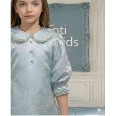 فستان بناتي سماوي مشجر بياقة منسدلة لؤلؤ وكسرات فاخرة - 1145