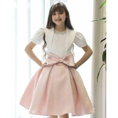 طقم بناتي تيور لحمي بفيونكة خصر وبلوزة مرصعة باكسسوار - M3807 طقم بناتي تيور لحمي بفيونكة خصر وبلوزة مرصعة باكسسوار - M3807